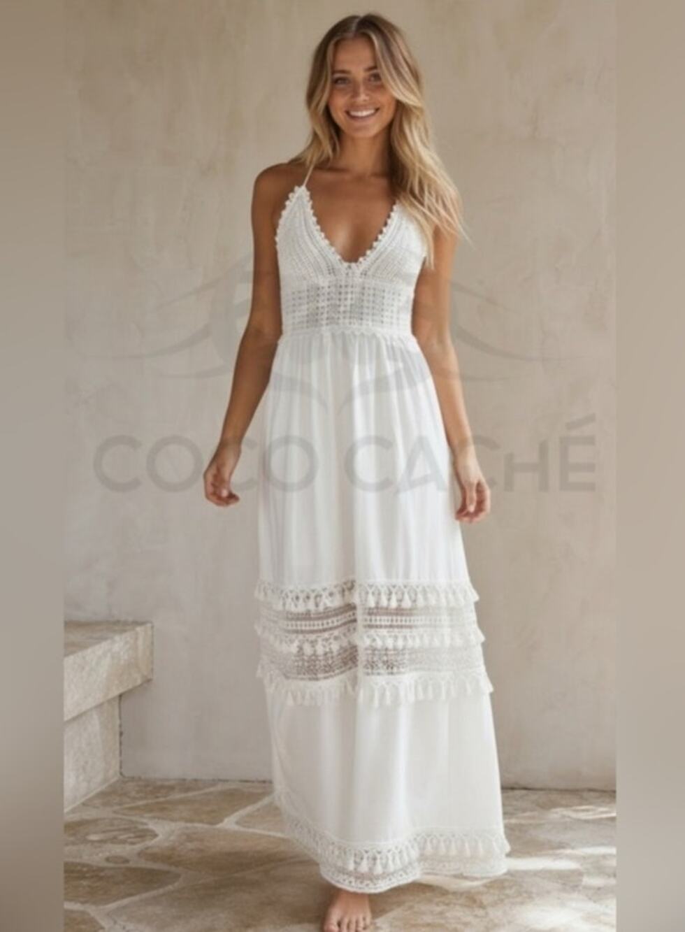 White V Neck Eyelet Boho Crochet Fringe Tassel Long Maxi Dress Wedding Summer M